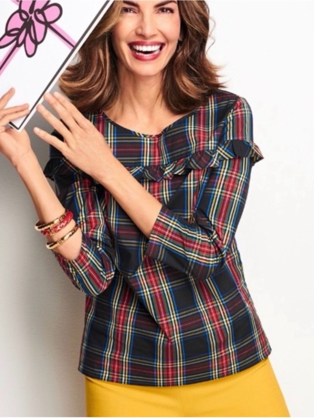 Talbots Popover Holiday Tartan Plaid Ruffle Blouse size M